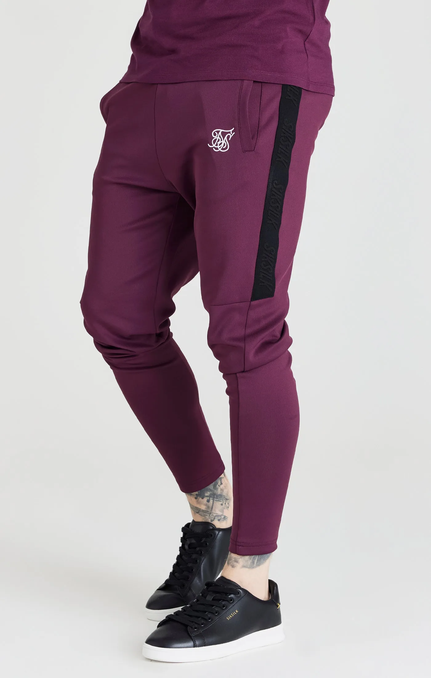 SikSilk Taped Athlete Loose Fit Pant - Burgundy & Black sold by Siksilk