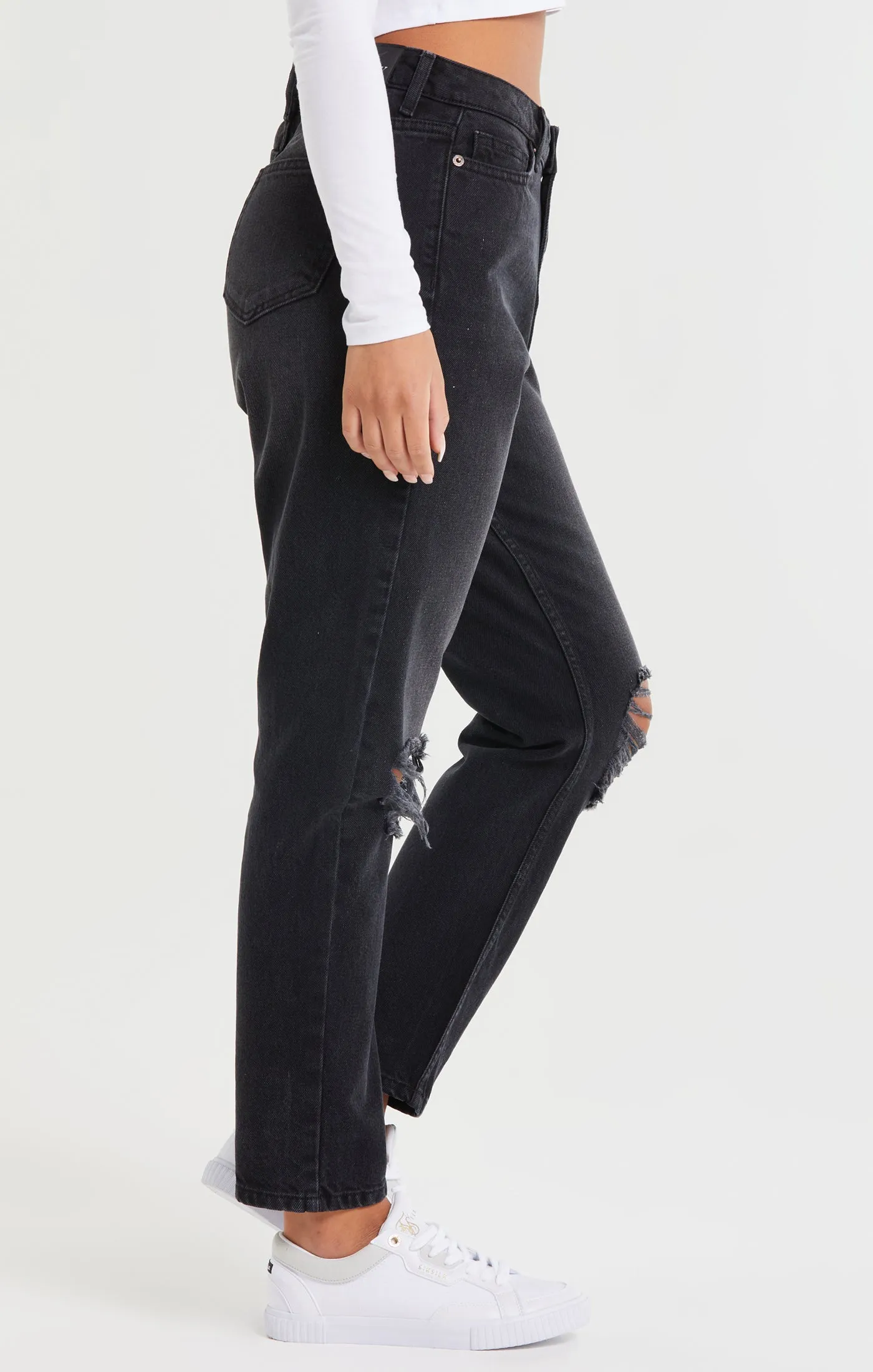 Washed Black Knee Rip Denim Mom Jean sold by Siksilk product image thumbnail 4