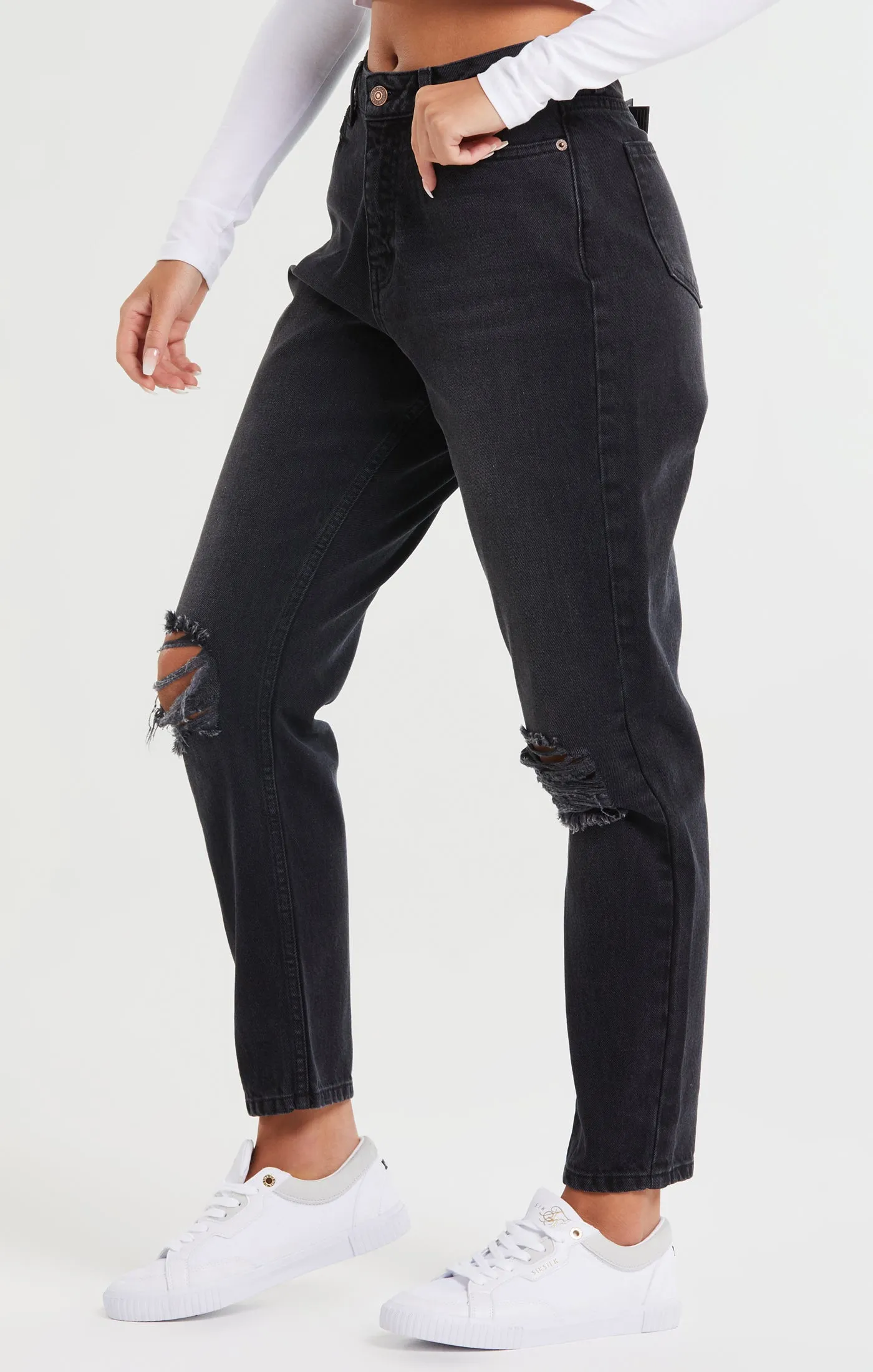 Washed Black Knee Rip Denim Mom Jean sold by Siksilk