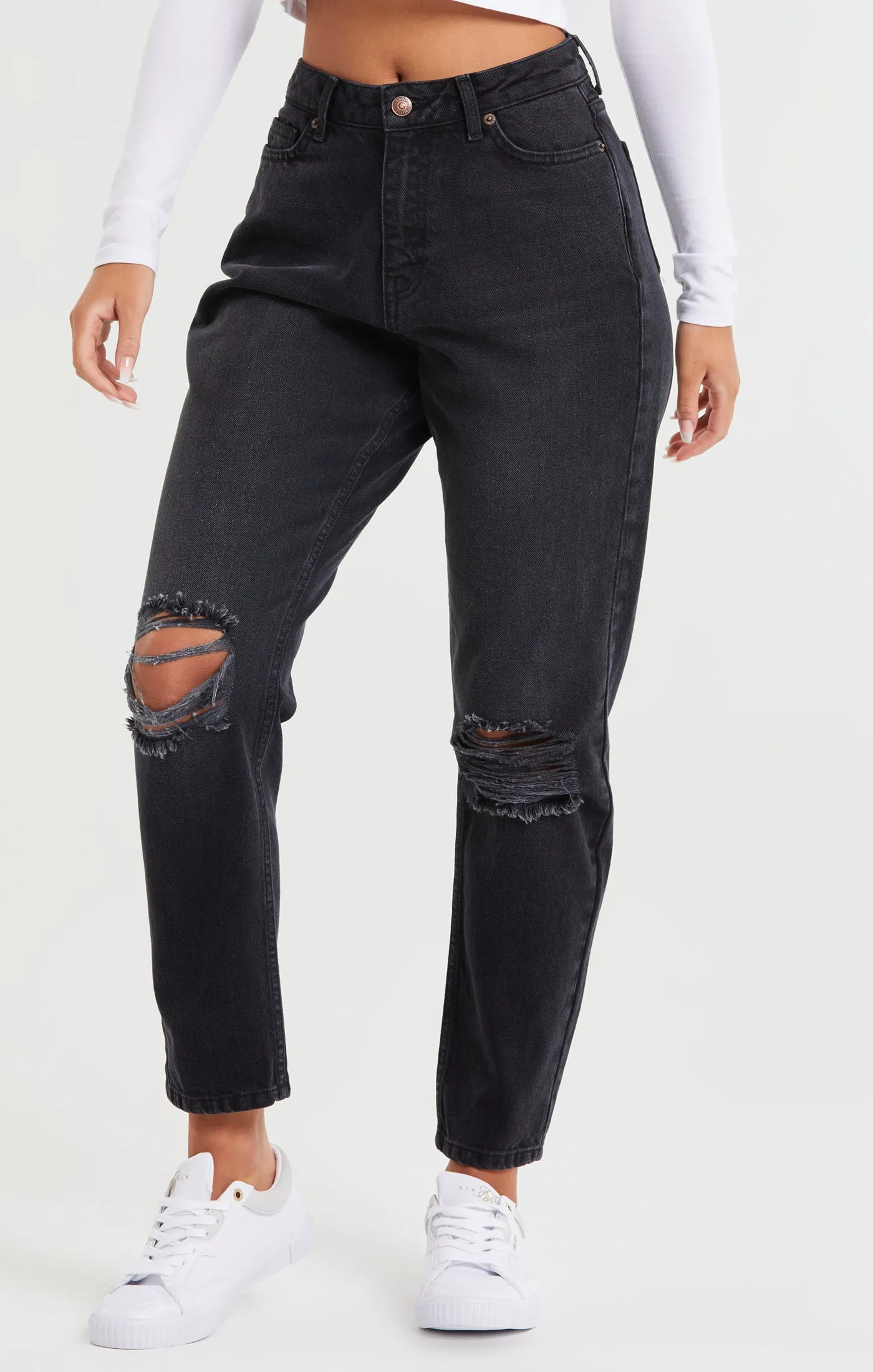 Washed Black Knee Rip Denim Mom Jean sold by Siksilk product image thumbnail 2