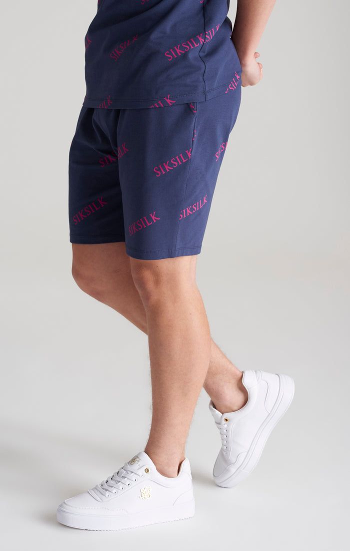 Boys Navy Monogram Printed Short sold by Siksilk