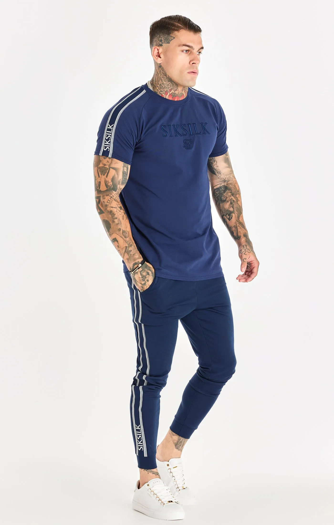 Navy Knitted Tape Muscle Fit T-Shirt sold by Siksilk product image thumbnail 4