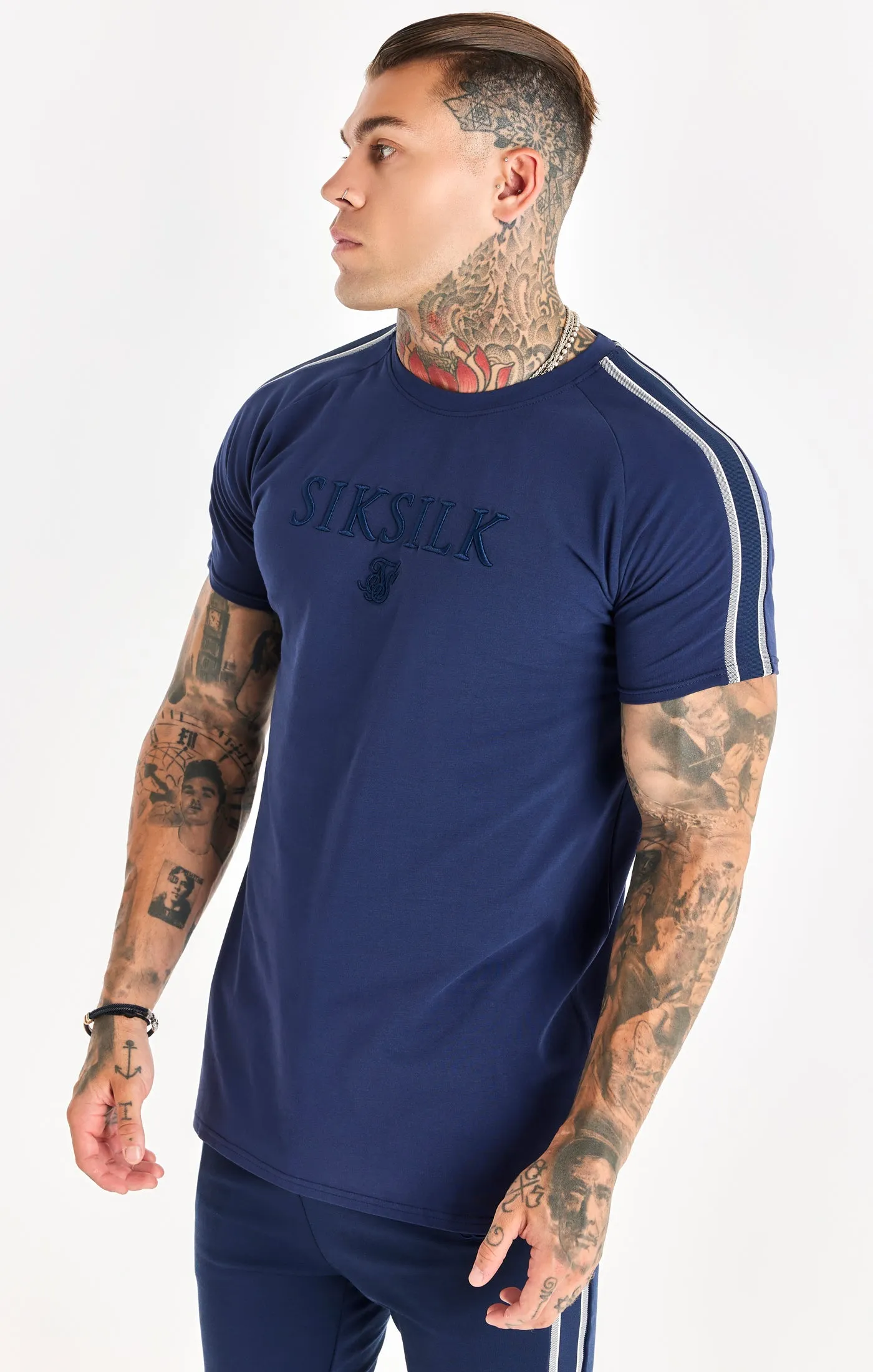 Navy Knitted Tape Muscle Fit T-Shirt sold by Siksilk
