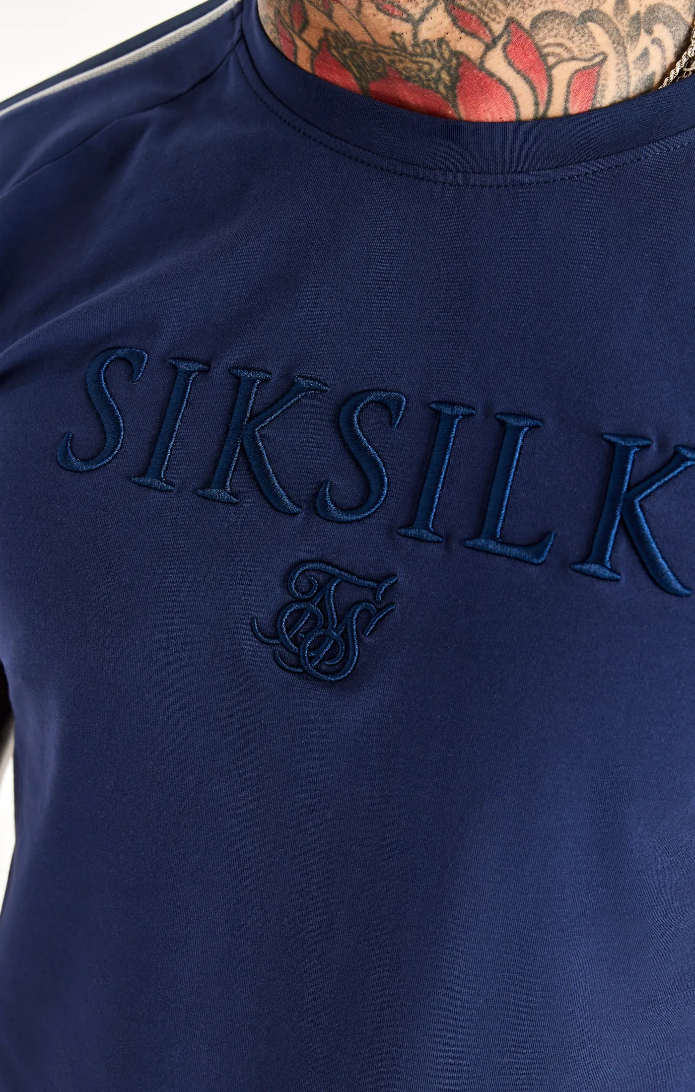 Navy Knitted Tape Muscle Fit T-Shirt sold by Siksilk product image thumbnail 2