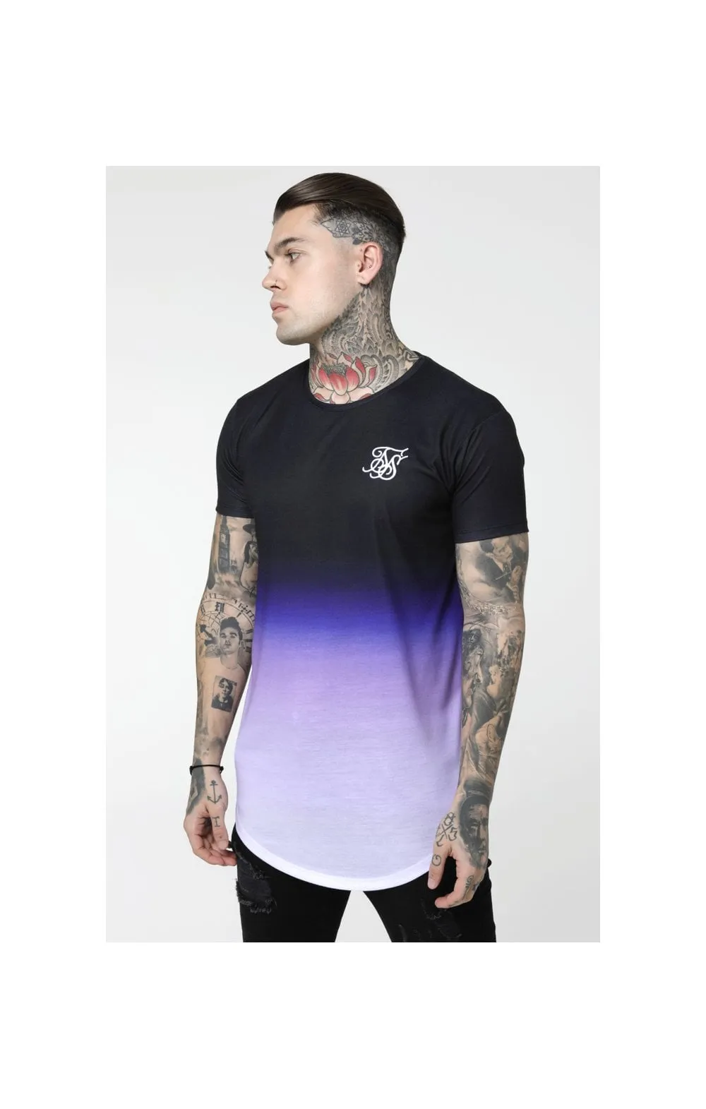 SikSilk Curved Hem Fade Tee - Black,Purple & White sold by Siksilk