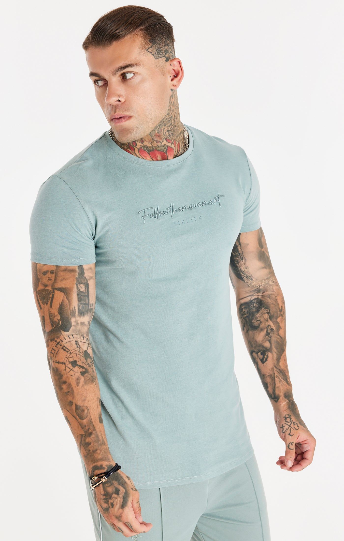 Teal Script Embroidery Muscle Fit T-Shirt sold by Siksilk
