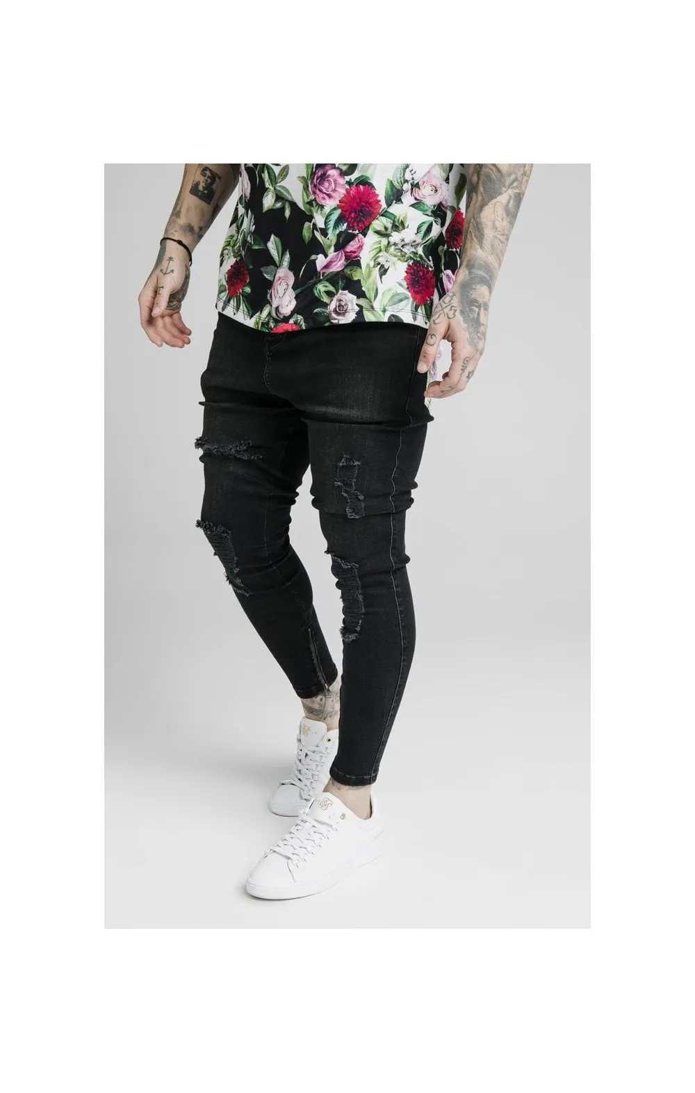SikSilk Drop Crotch Jeans - Black & Floral Pixel sold by Siksilk