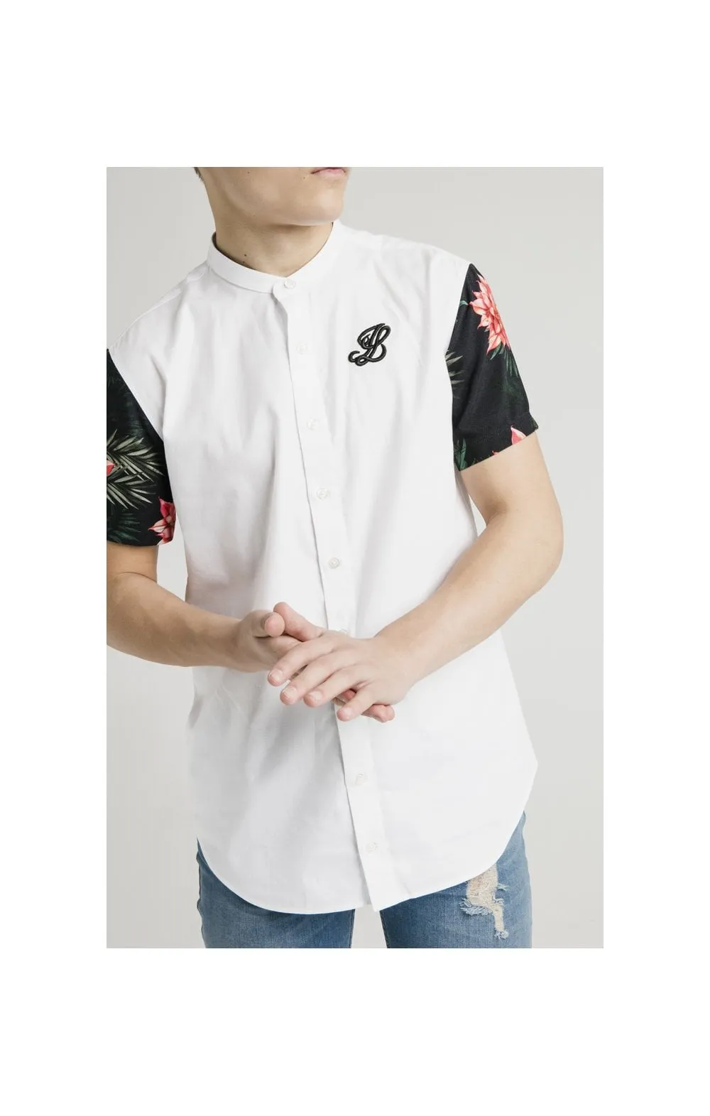 Illusive London S/S Grandad Collar Raglan Shirt - White & Floral sold by Siksilk