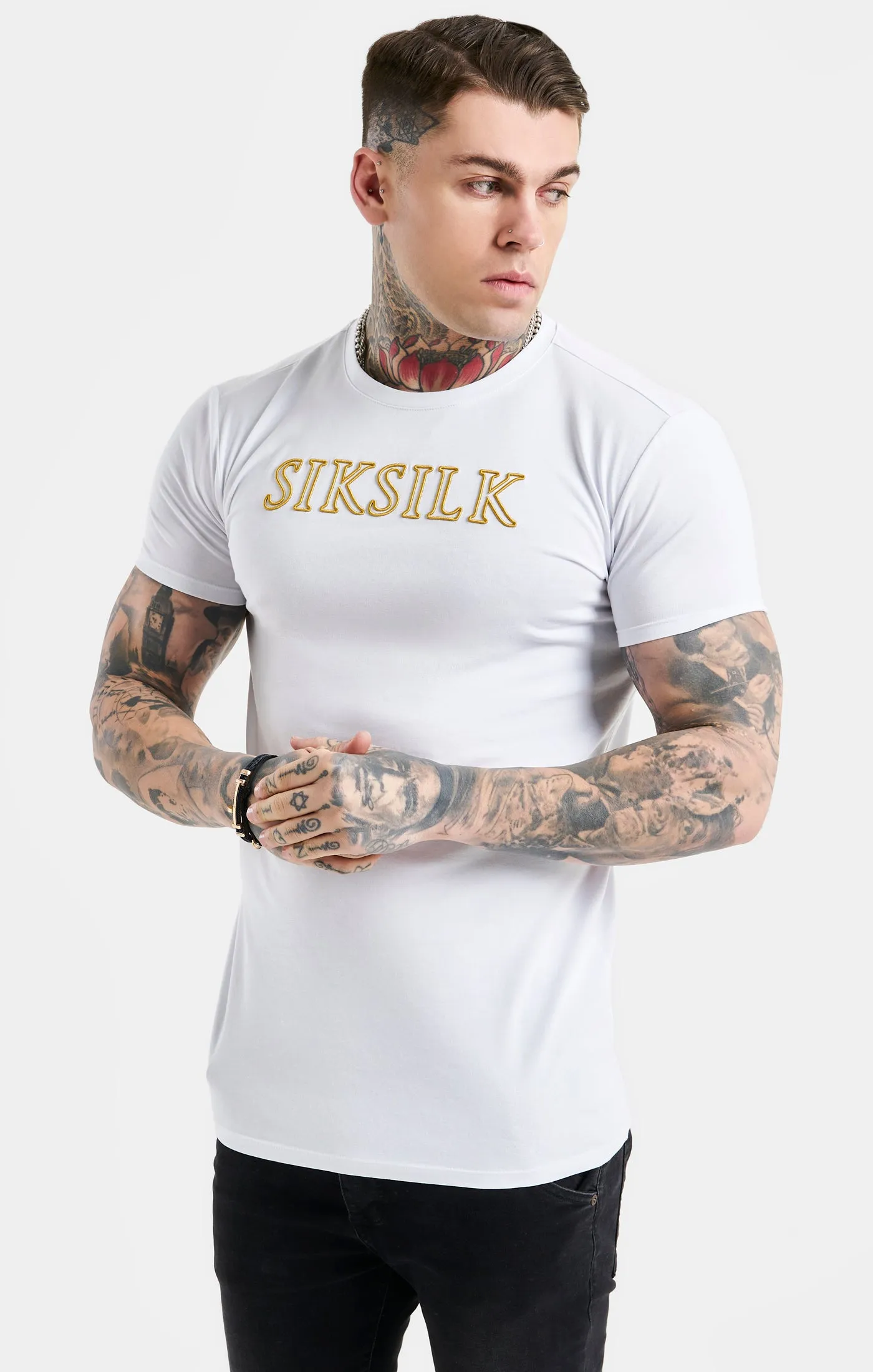 White SikSilk Logo Muscle Fit T-Shirt sold by Siksilk