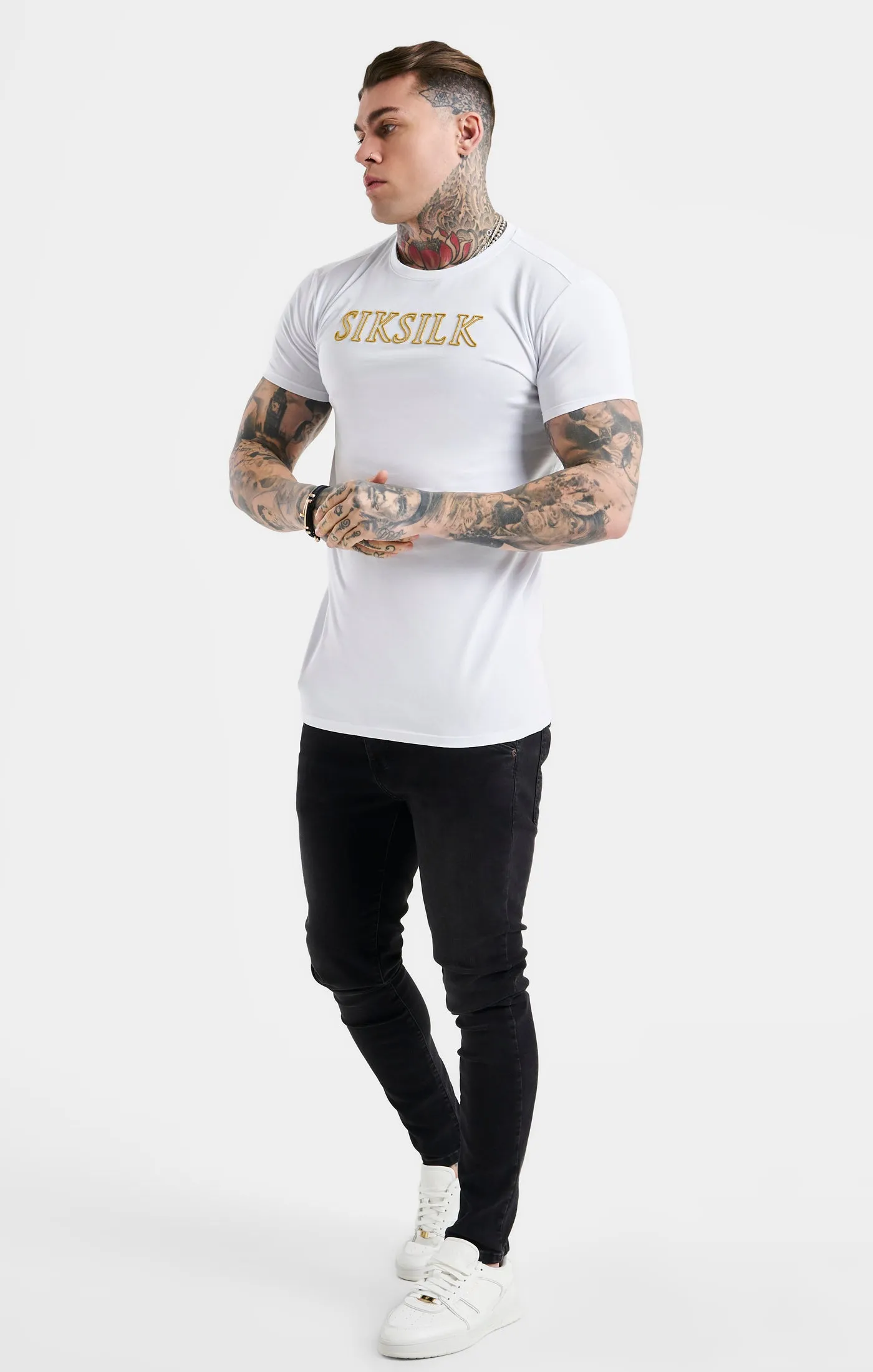 White SikSilk Logo Muscle Fit T-Shirt sold by Siksilk product image thumbnail 3