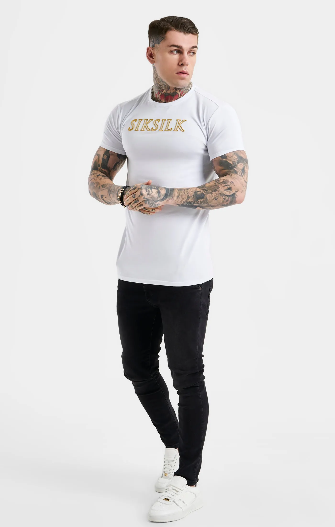 White SikSilk Logo Muscle Fit T-Shirt sold by Siksilk product image thumbnail 4