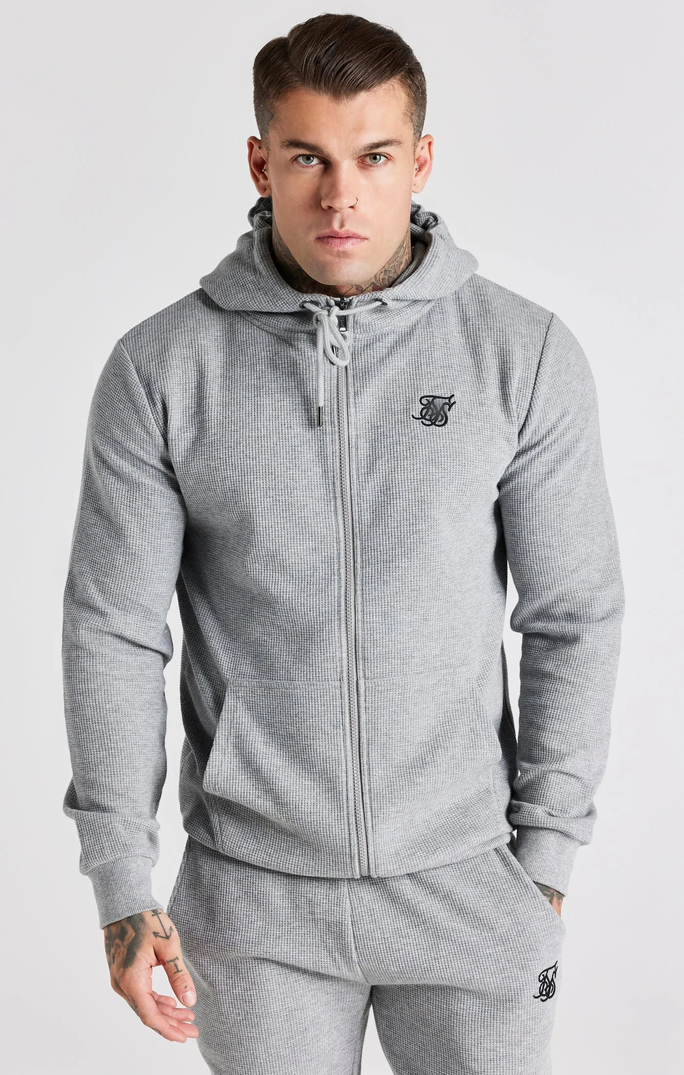 Grey Marl Waffle Zip Thru Hoodie sold by Siksilk