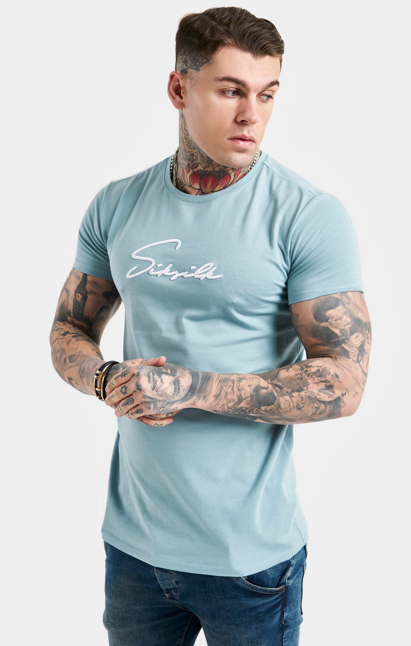 Blue Script Embroidery Muscle Fit T-Shirt sold by Siksilk