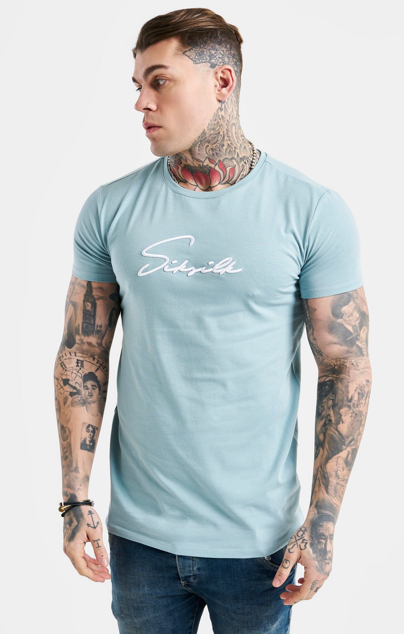 Blue Script Embroidery Muscle Fit T-Shirt sold by Siksilk product image thumbnail 5