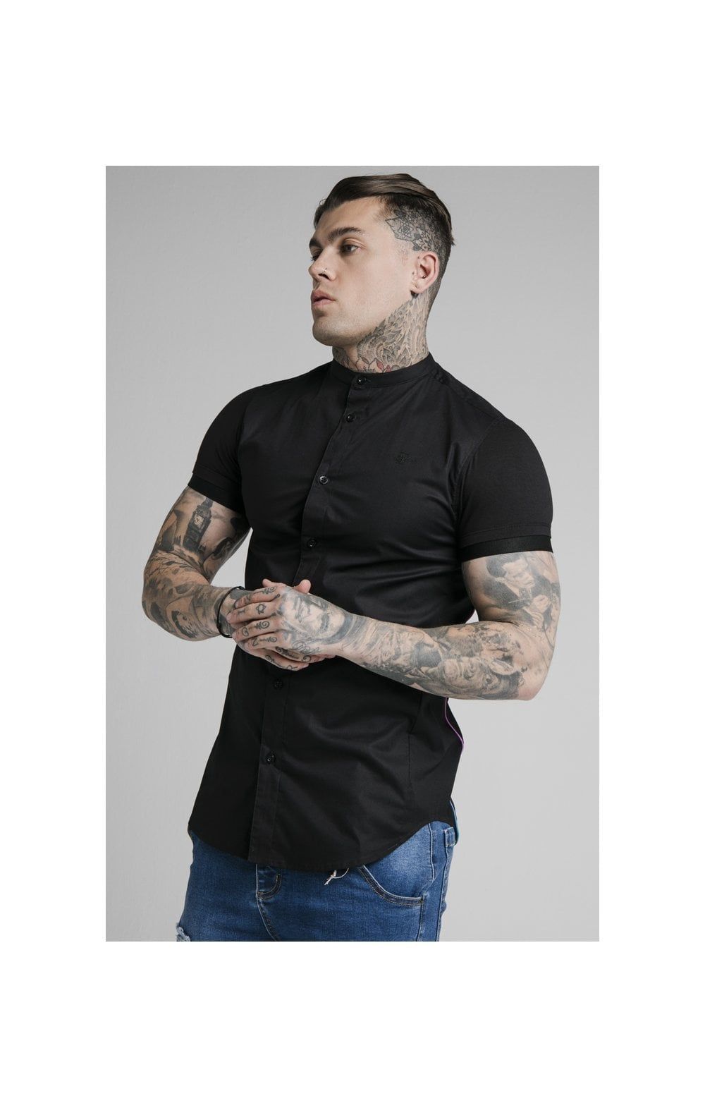 SikSilk S/S Fade Grandad Shirt - Black & Neon Fade sold by Siksilk