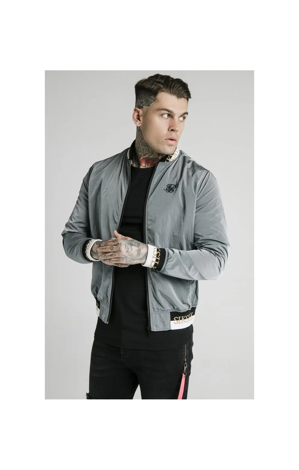 SikSilk Crushed Nylon Bomber Jacket - Grey sold by Siksilk