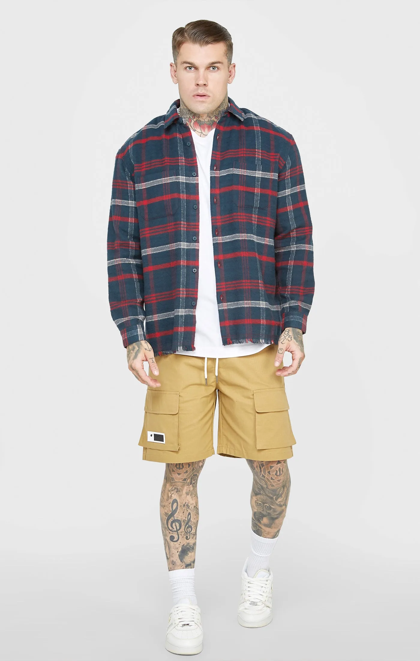 Navy Towelling Logo Long Sleeve Check Shirt sold by Siksilk product image thumbnail 3