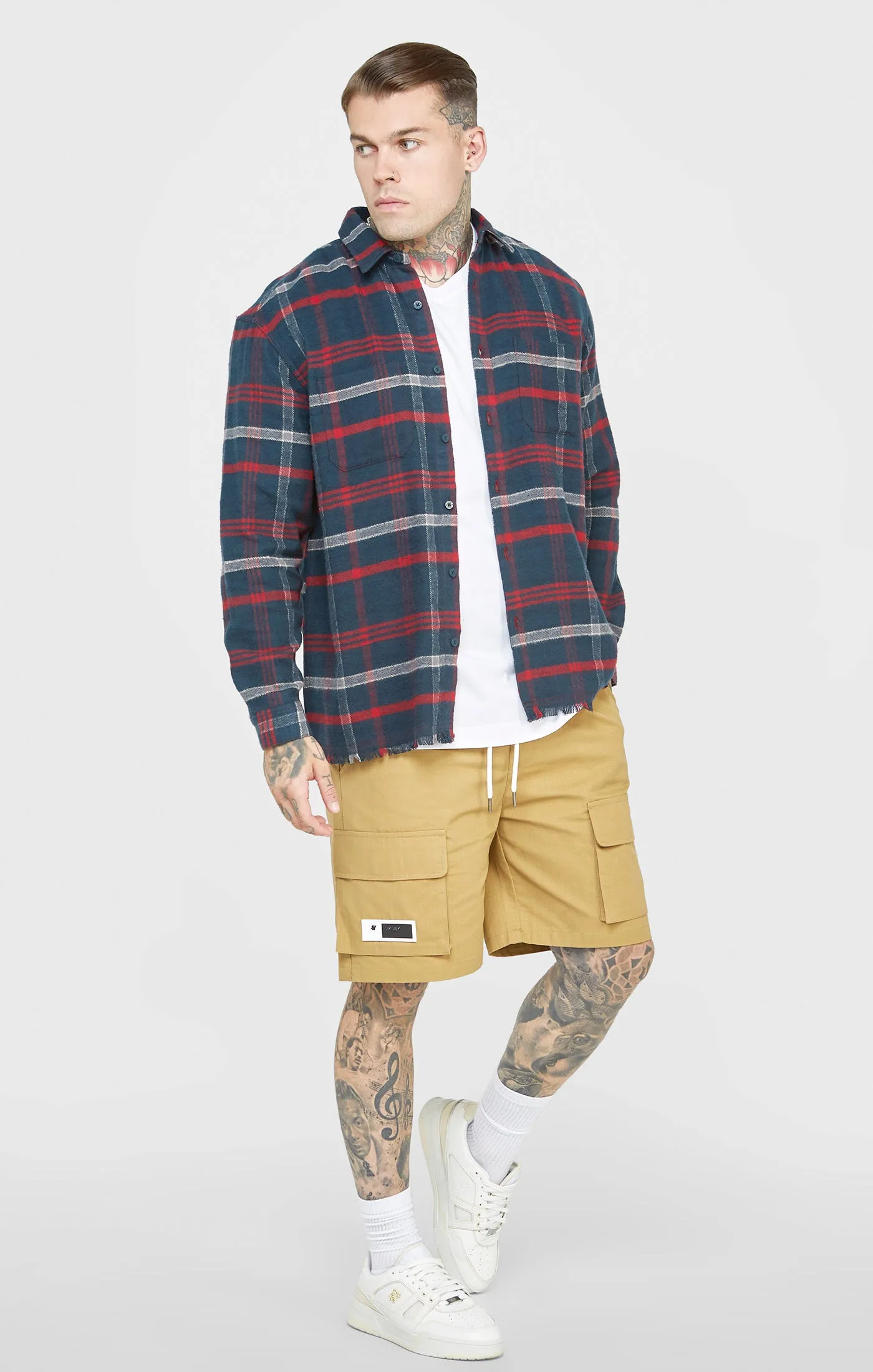 Navy Towelling Logo Long Sleeve Check Shirt sold by Siksilk product image thumbnail 4