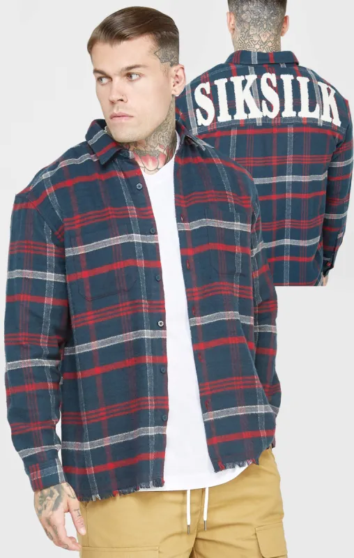 Navy Towelling Logo Long Sleeve Check Shirt sold by Siksilk