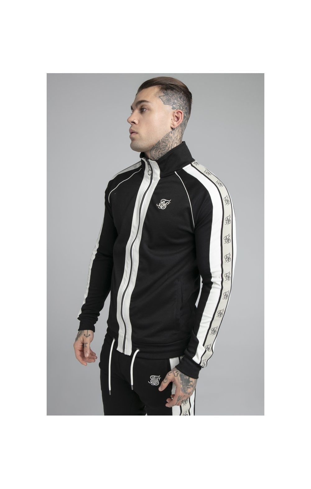SikSilk Premium Tape Funnel Zip Through Hoodie - Jet Black & Off White sold by Siksilk