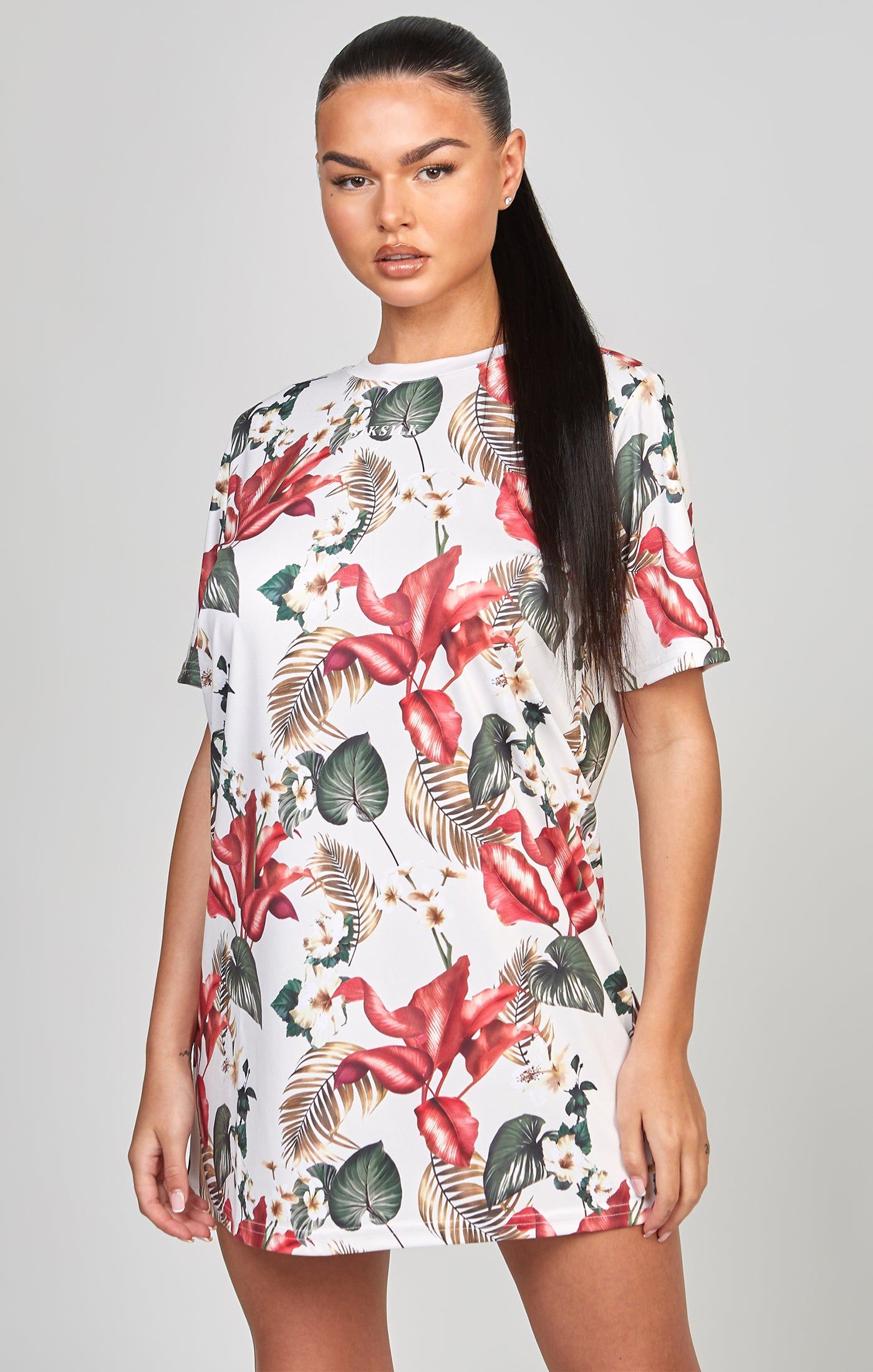 Multi Retro Tropics Print T-Shirt Dress sold by Siksilk