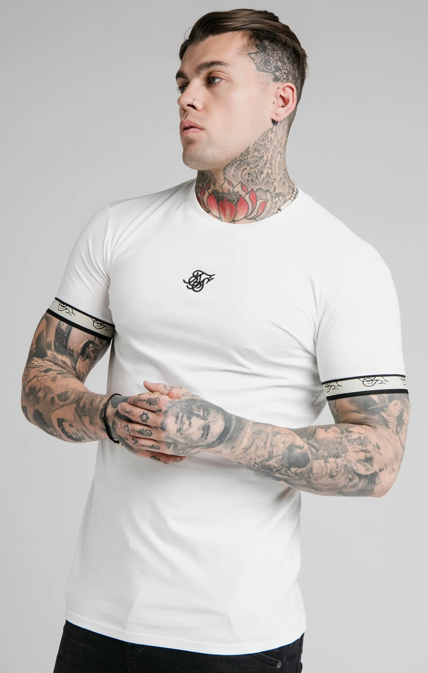 SikSilk S/S Premium Tape Gym Tee - Off White & Black sold by Siksilk