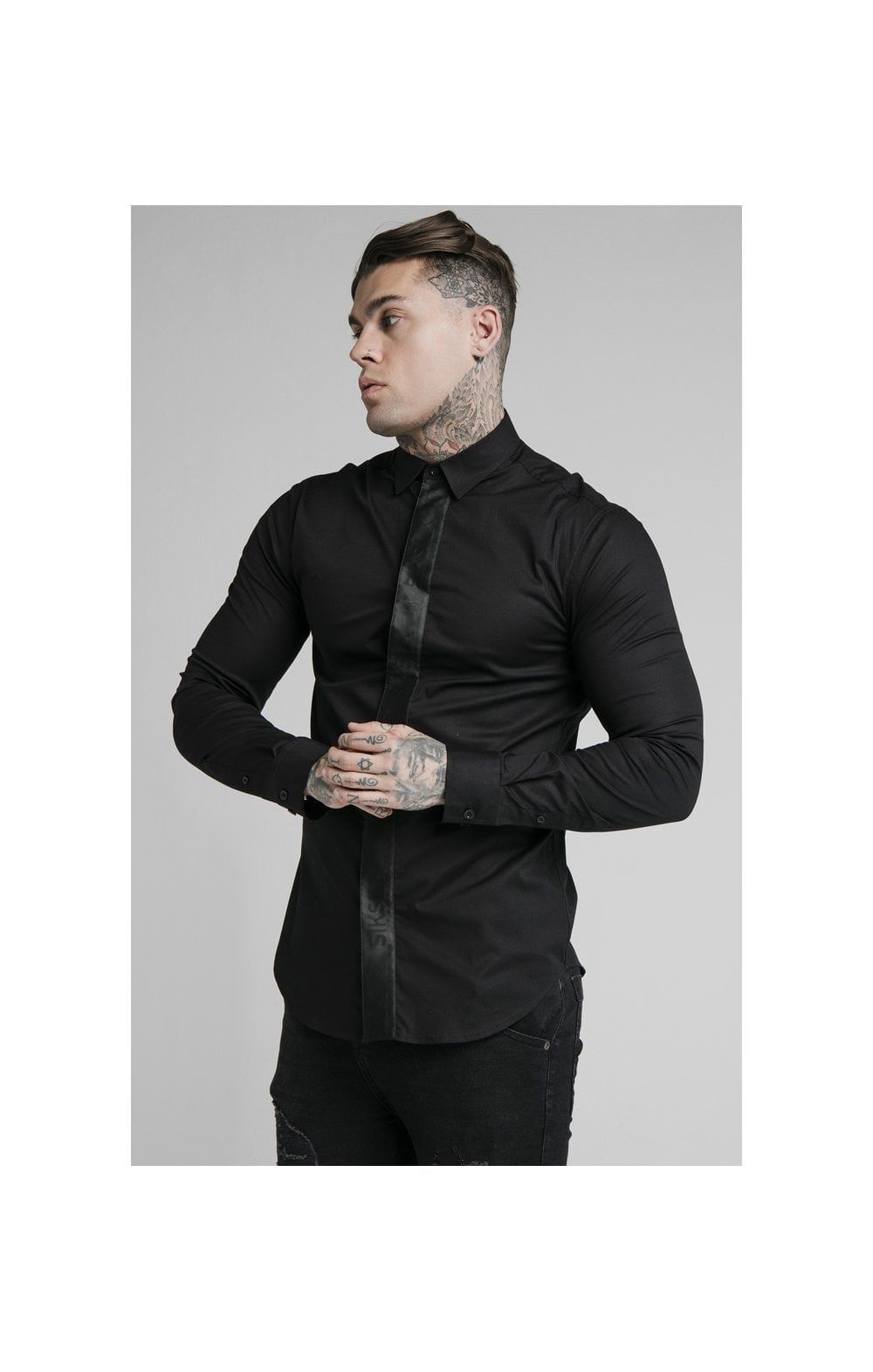 SikSilk L/S Woven Tape Placket Shirt - Black sold by Siksilk