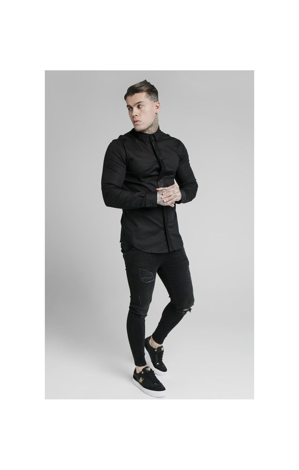 SikSilk L/S Woven Tape Placket Shirt - Black sold by Siksilk product image thumbnail 3