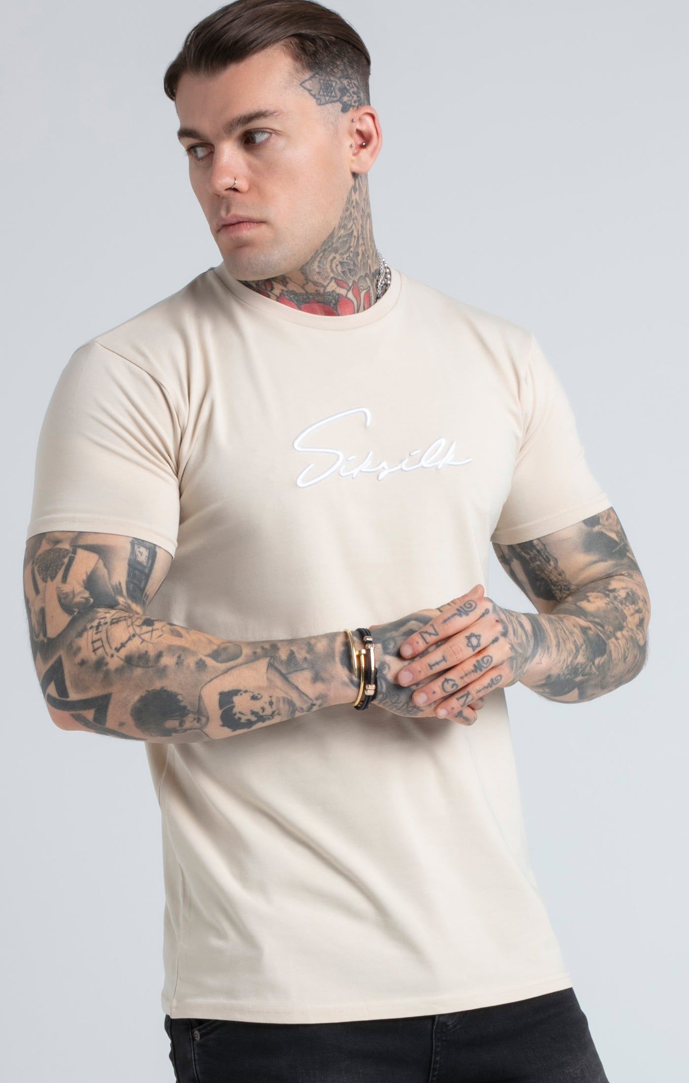 Stone Embroidered Script Muscle Fit T-Shirt sold by Siksilk