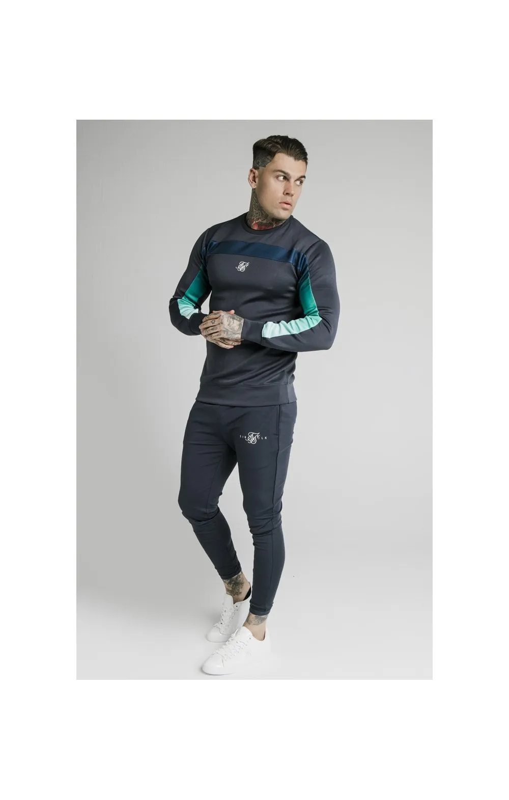 SikSilk L/S Tri-Fade Panel Sweater - Navy Pacific Fade sold by Siksilk