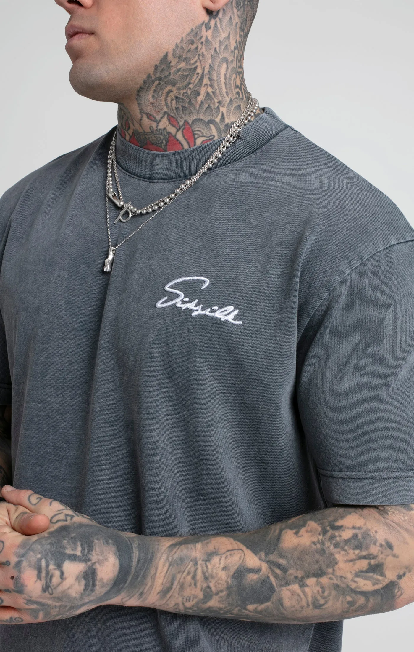 Black Acid Wash Script Print Oversized T-Shirt sold by Siksilk product image thumbnail 4