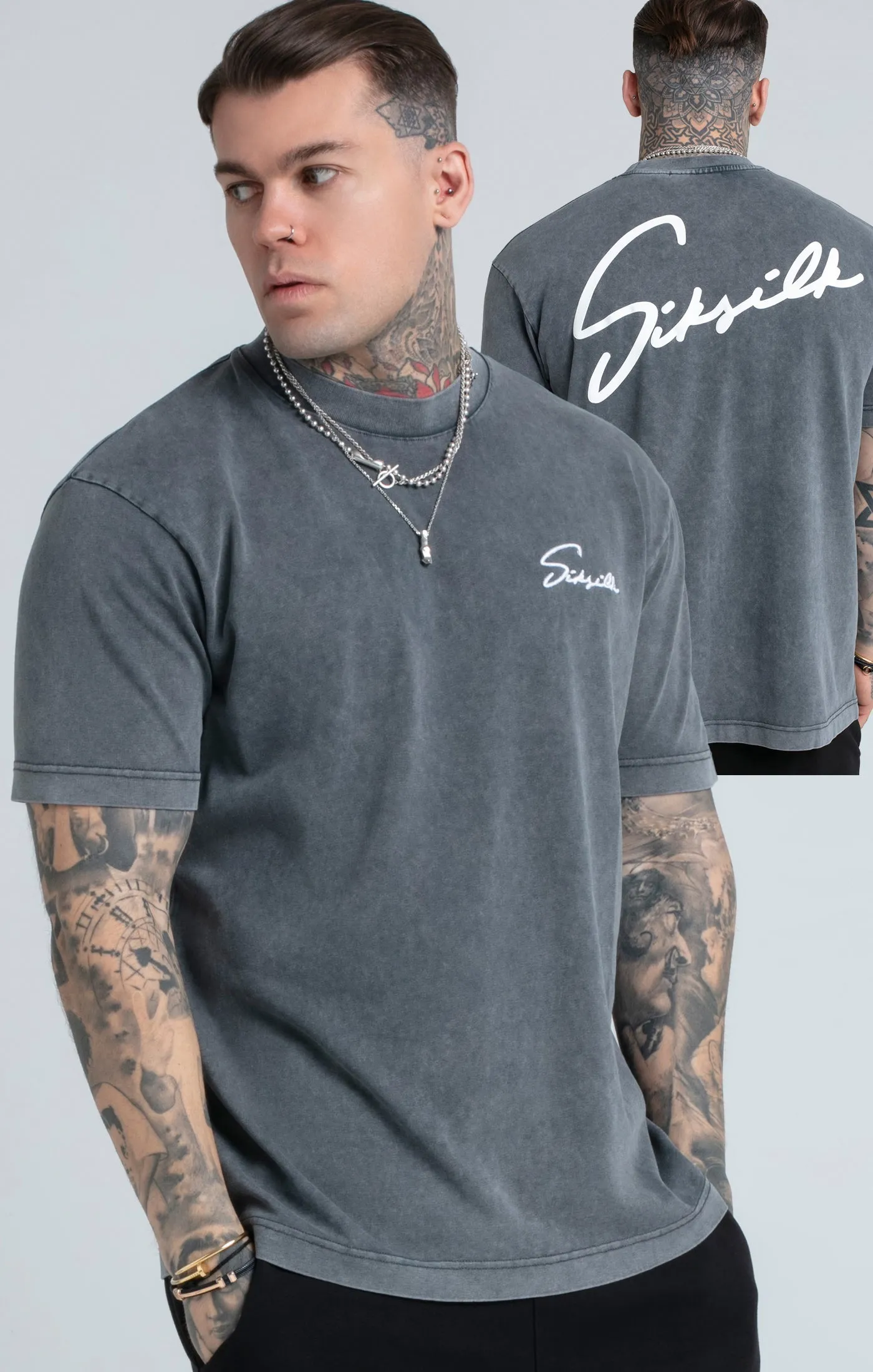 Black Acid Wash Script Print Oversized T-Shirt sold by Siksilk