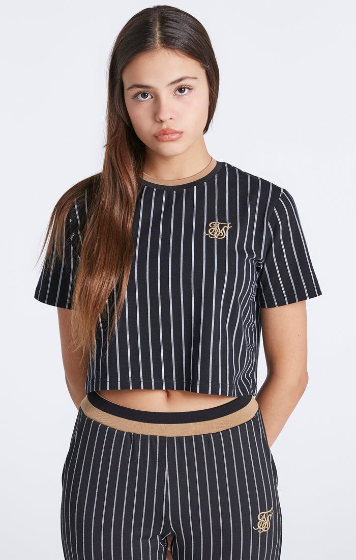 Girls Black Baseball Stripe Cropped T-Shirt sold by Siksilk
