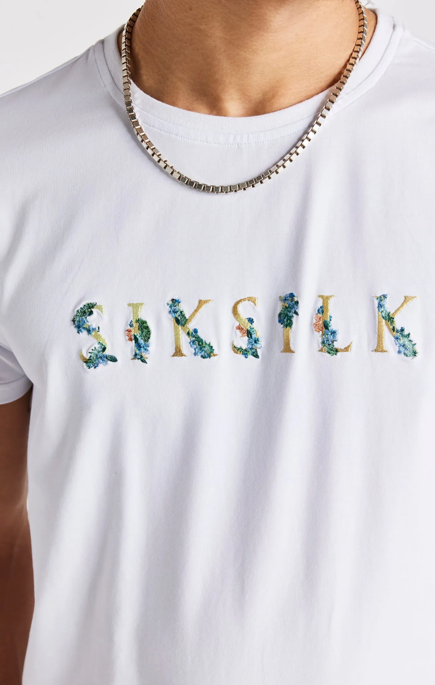 White Floral Embroidered Muscle Fit T-Shirt sold by Siksilk product image thumbnail 3