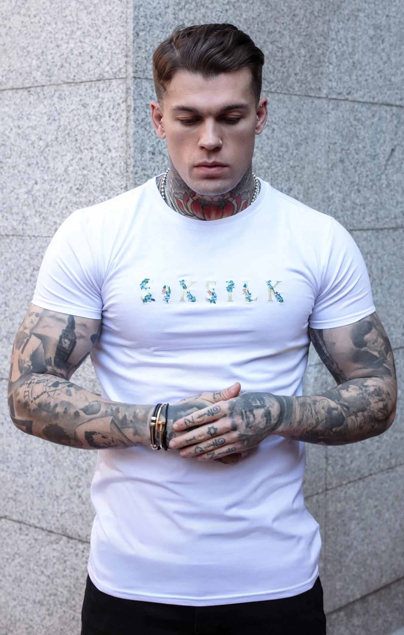 White Floral Embroidered Muscle Fit T-Shirt sold by Siksilk