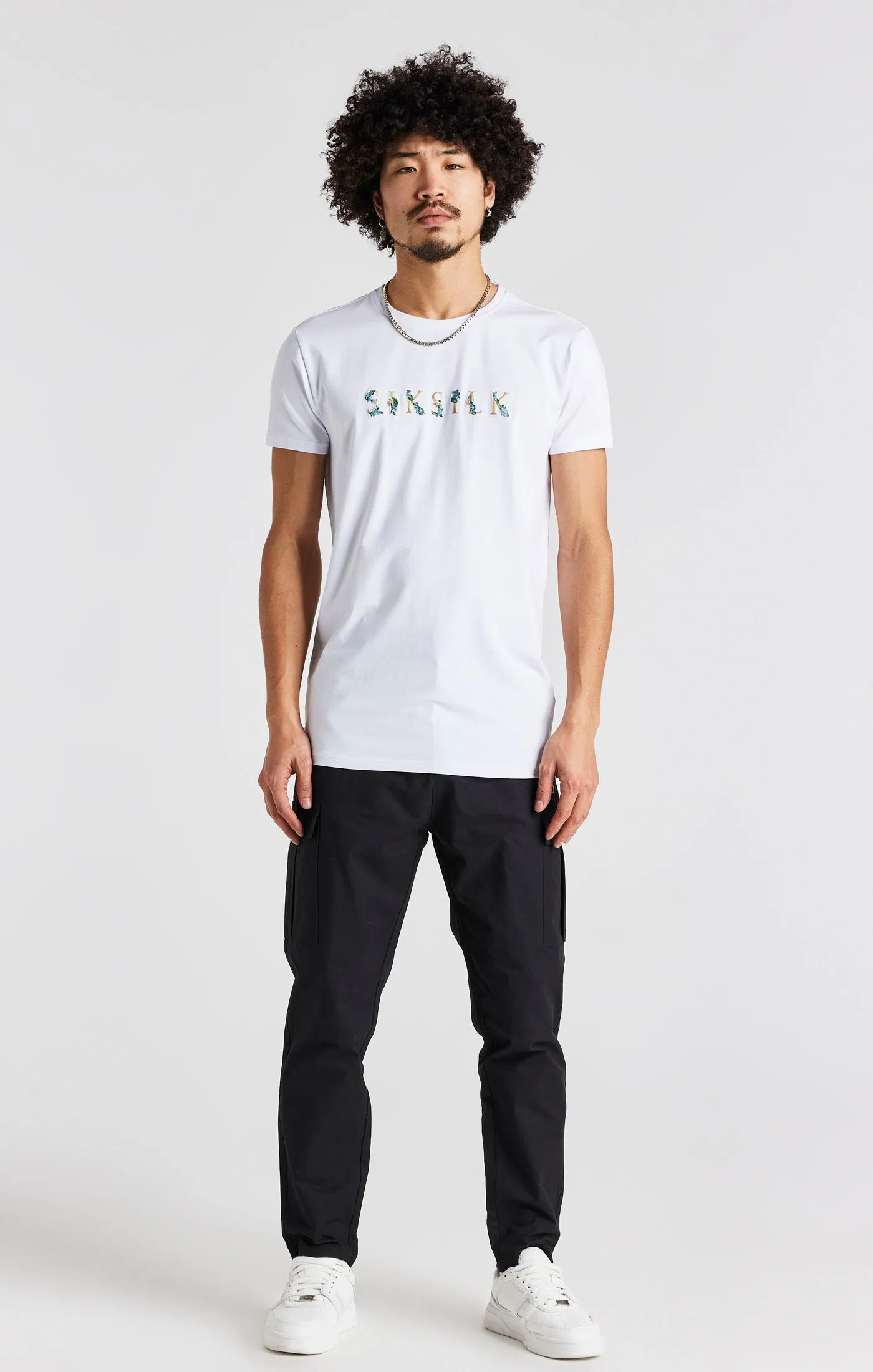 White Floral Embroidered Muscle Fit T-Shirt sold by Siksilk product image thumbnail 4