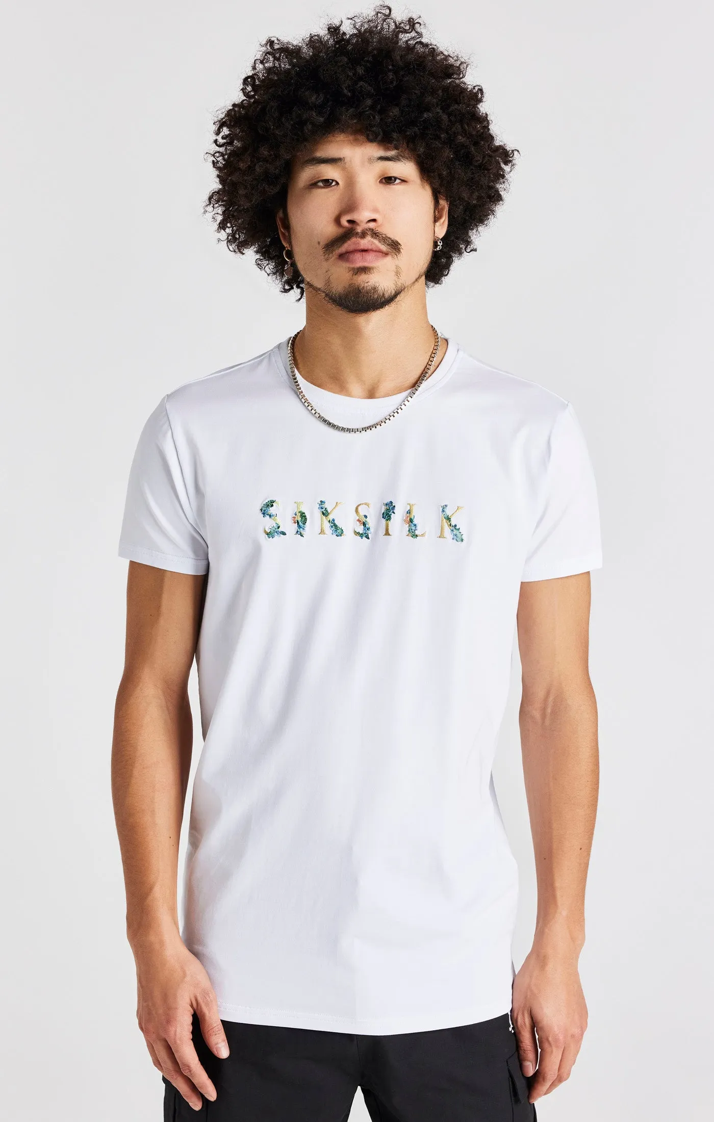 White Floral Embroidered Muscle Fit T-Shirt sold by Siksilk product image thumbnail 2