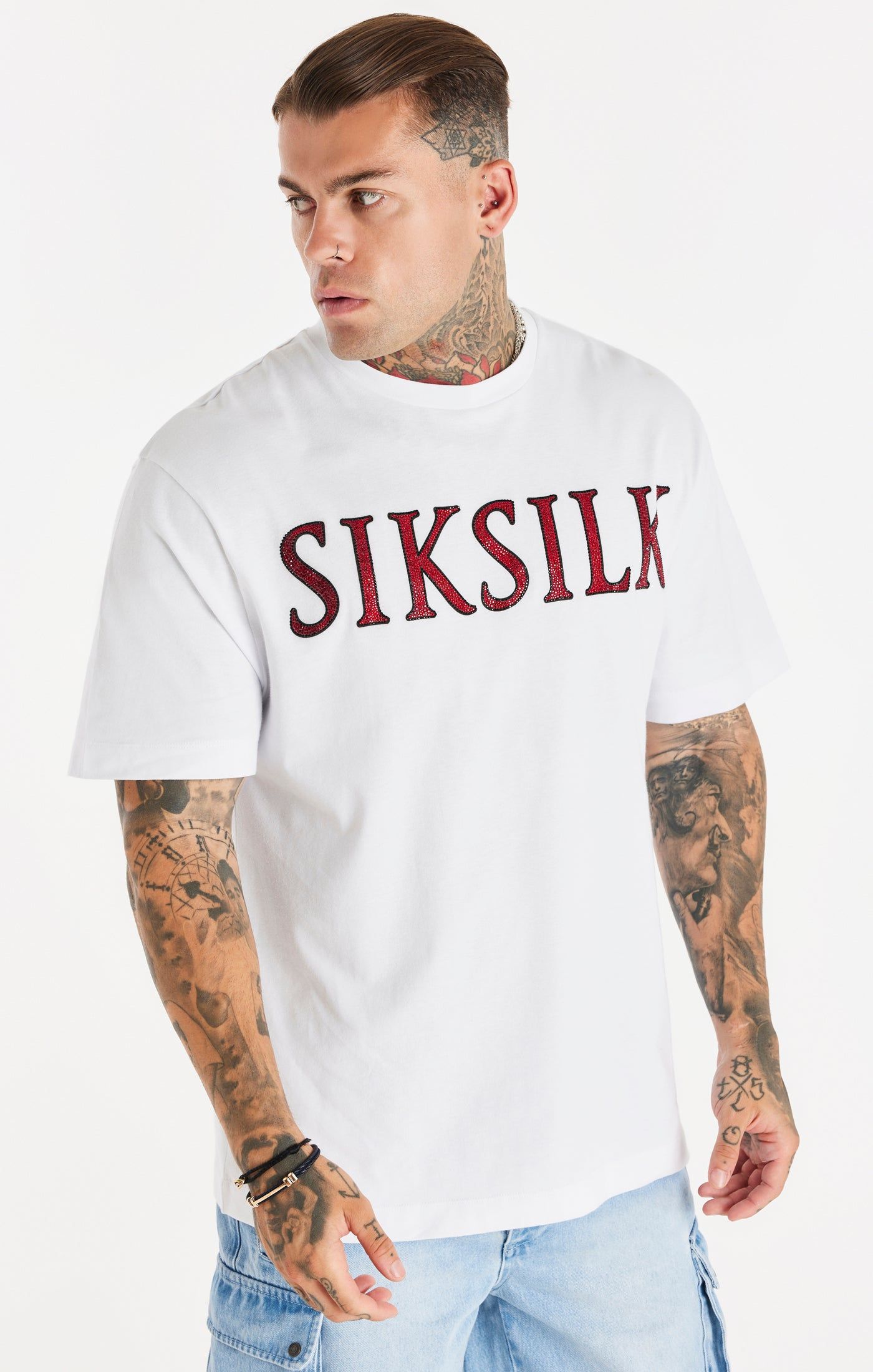 White Rhinestone Oversized T-Shirt sold by Siksilk