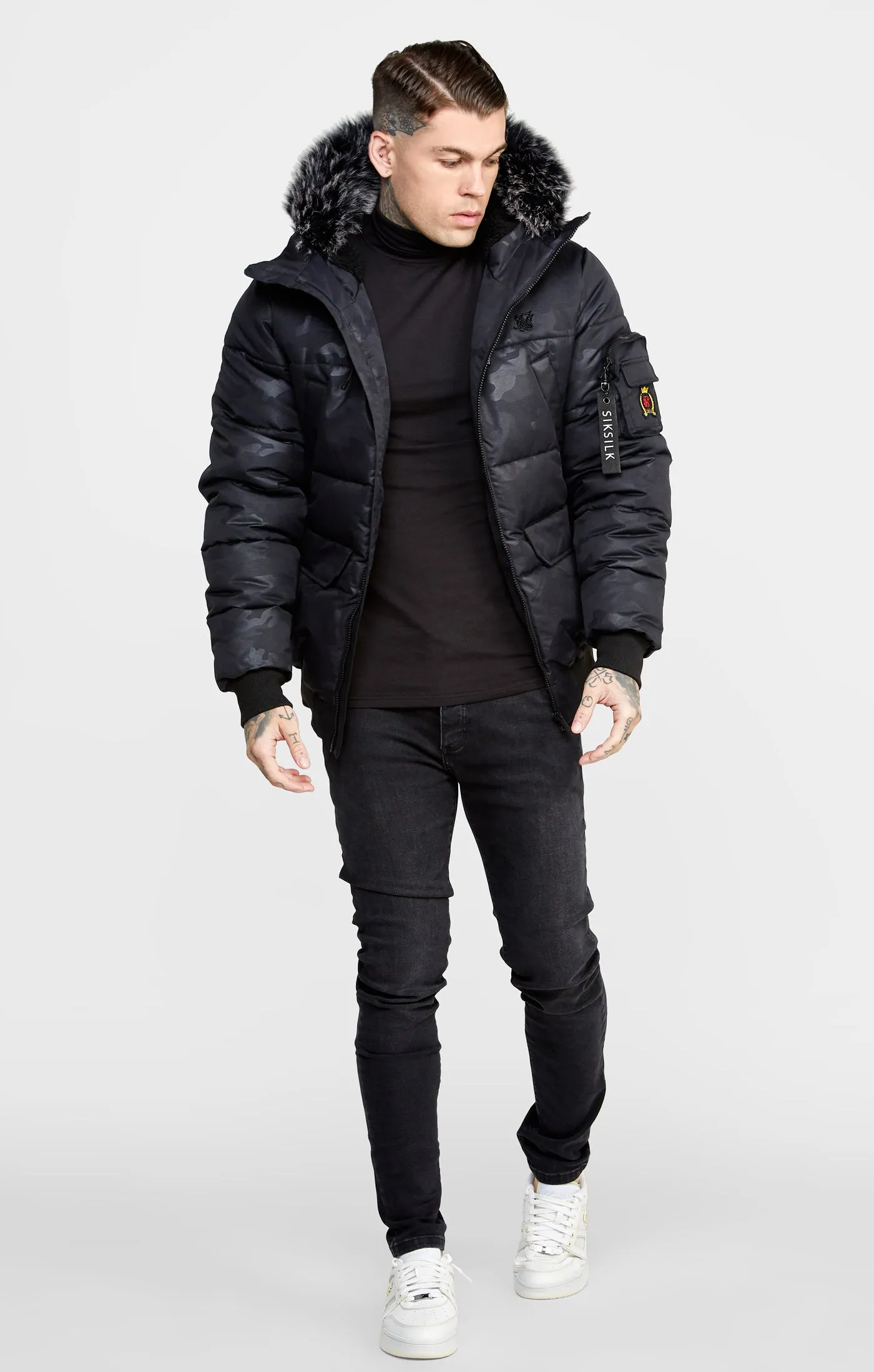 Black Gloss Camouflage Bomber Jacket sold by Siksilk product image thumbnail 4