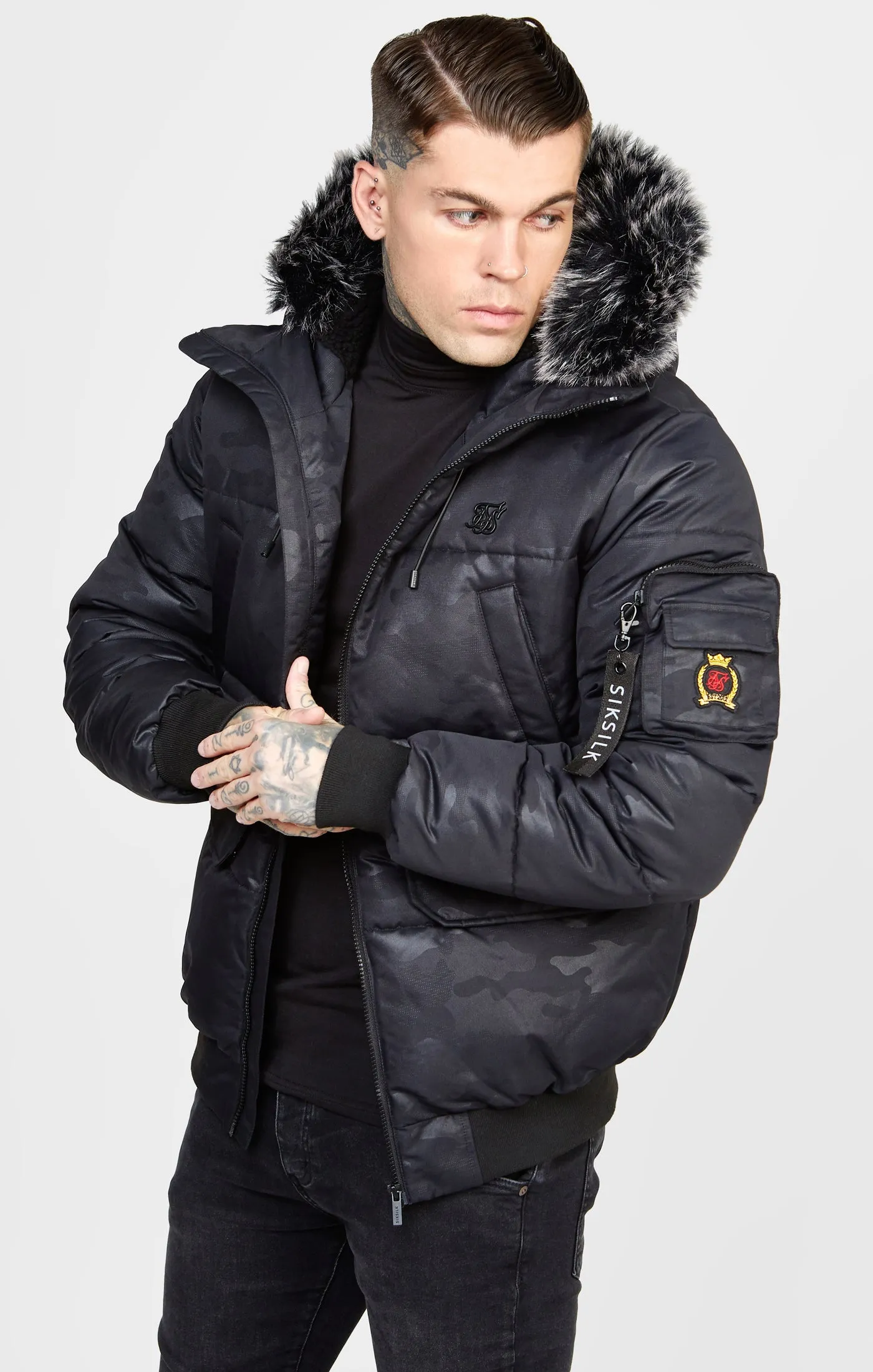 Black Gloss Camouflage Bomber Jacket sold by Siksilk