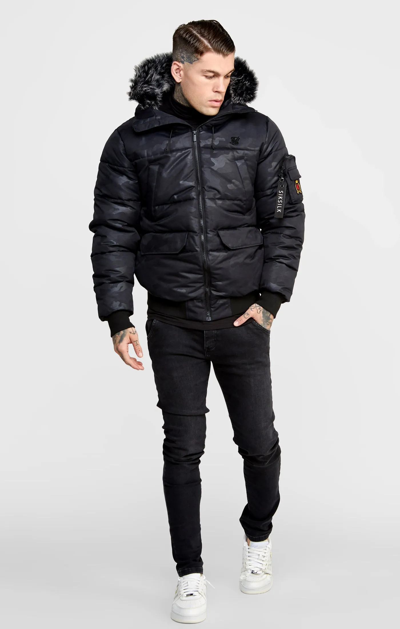 Black Gloss Camouflage Bomber Jacket sold by Siksilk product image thumbnail 3