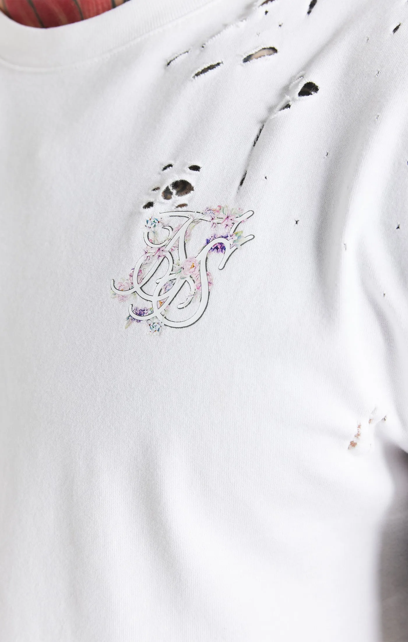 White Distressed Floral Muscle Fit T-Shirt sold by Siksilk product image thumbnail 3