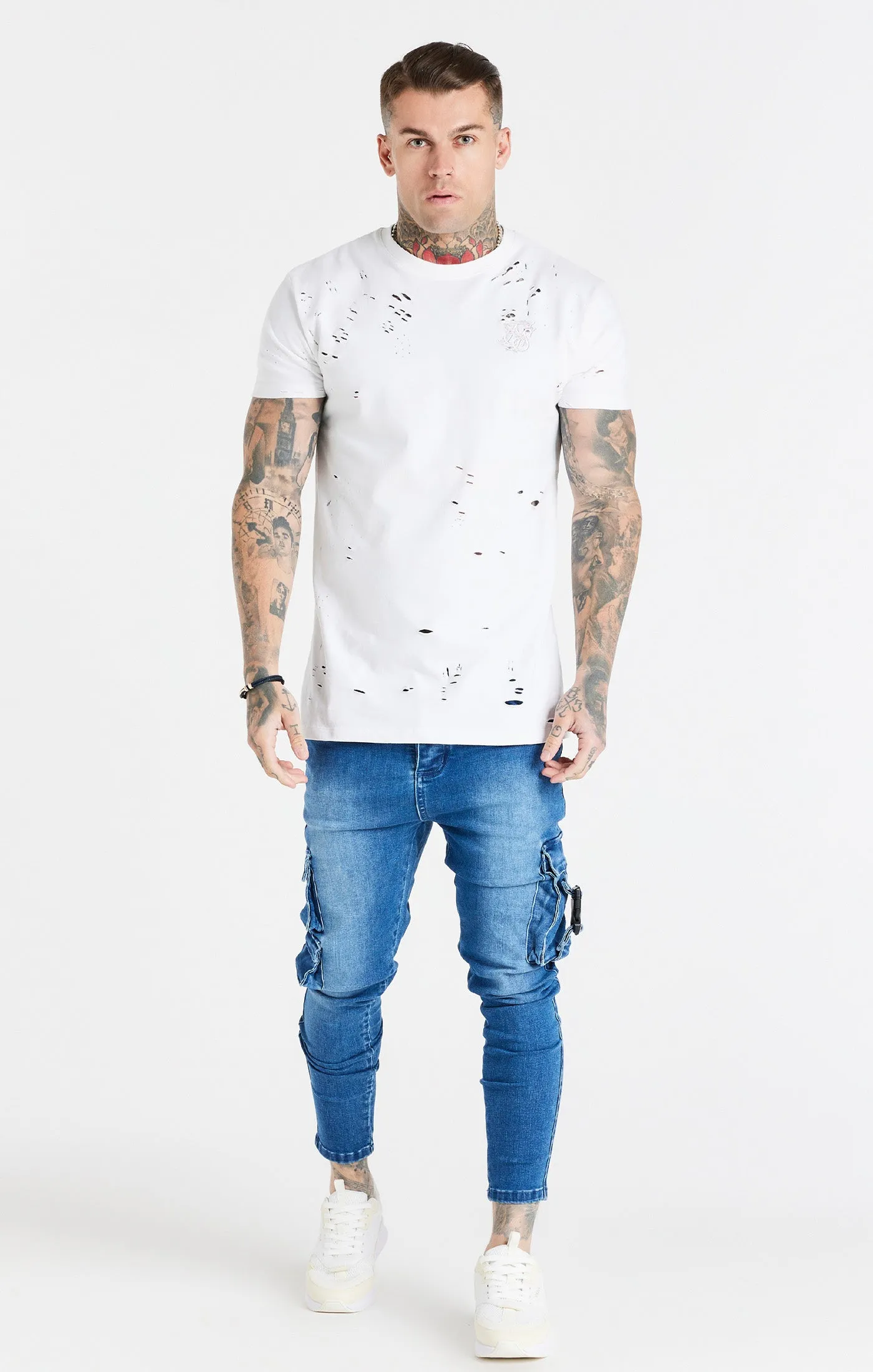White Distressed Floral Muscle Fit T-Shirt sold by Siksilk product image thumbnail 4