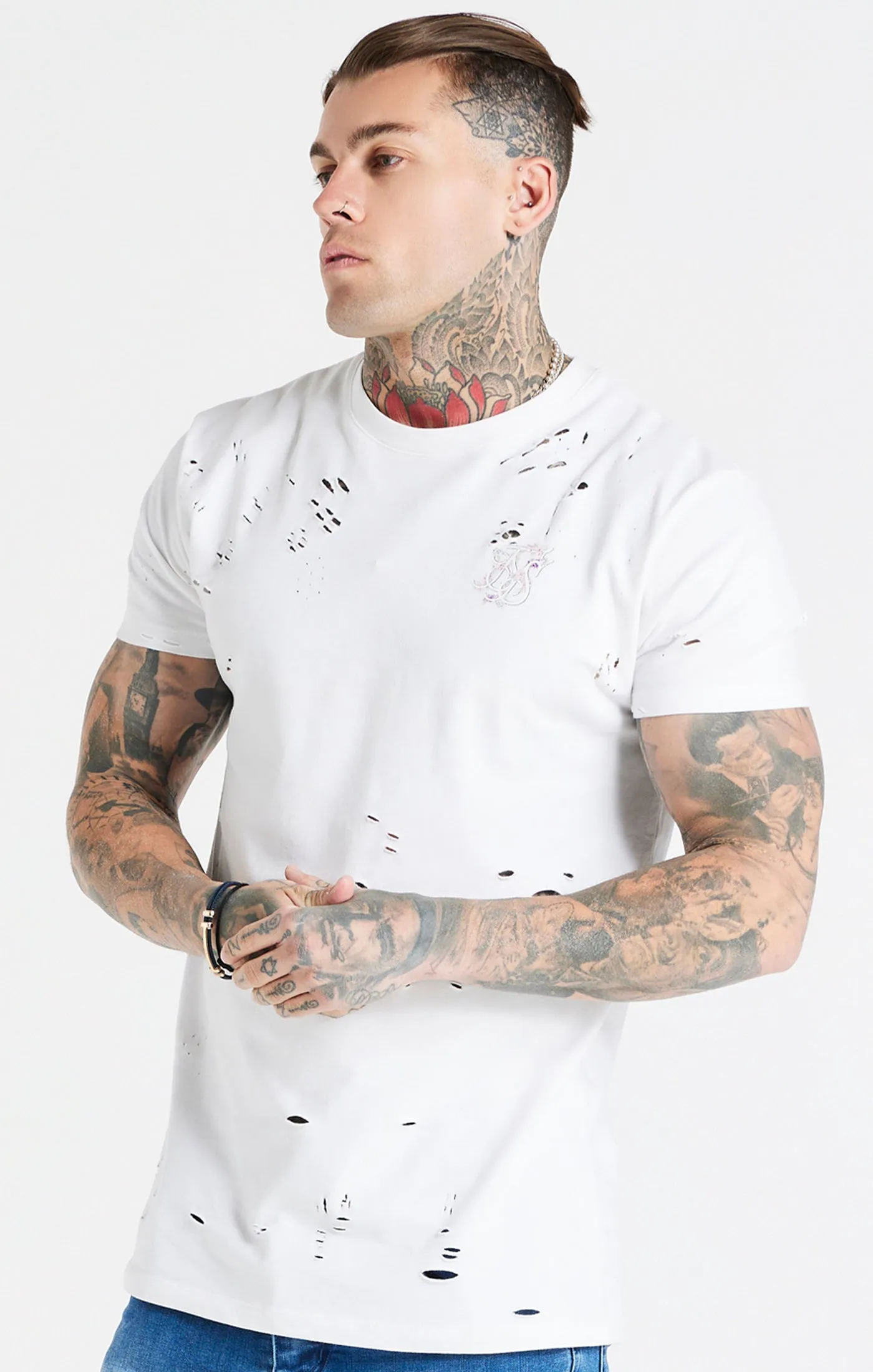 White Distressed Floral Muscle Fit T-Shirt sold by Siksilk product image thumbnail 2
