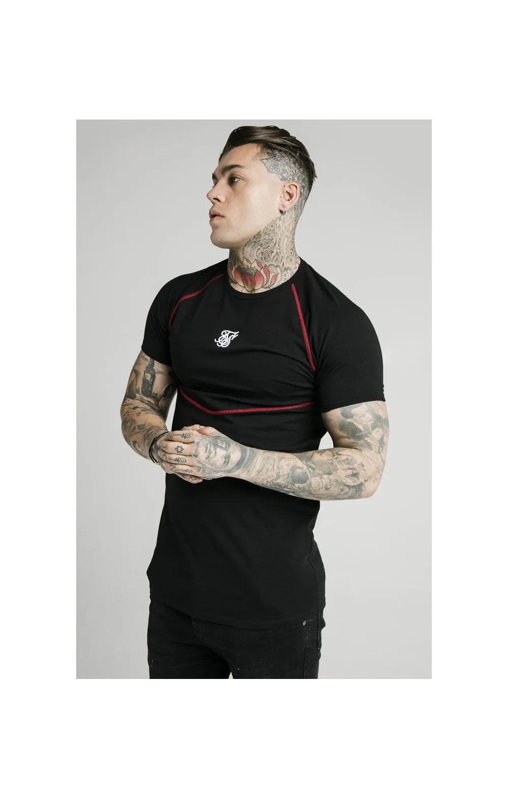 SikSilk Cover Stitch Raglan Gym Tee - Black & Red sold by Siksilk