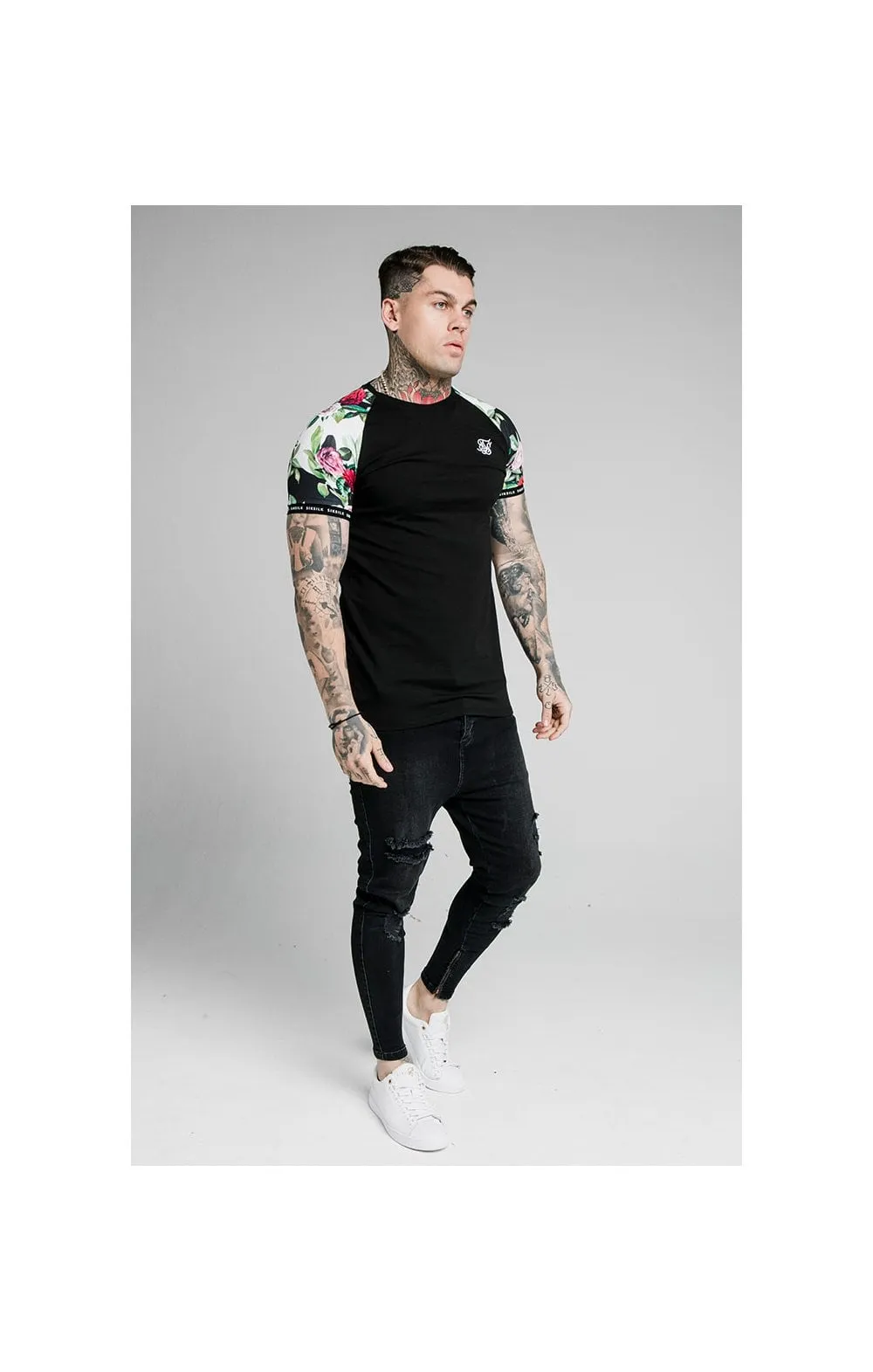 SikSilk S/S Floral Pixel Inset Tech Tee - Black & Floral Pixel sold by Siksilk