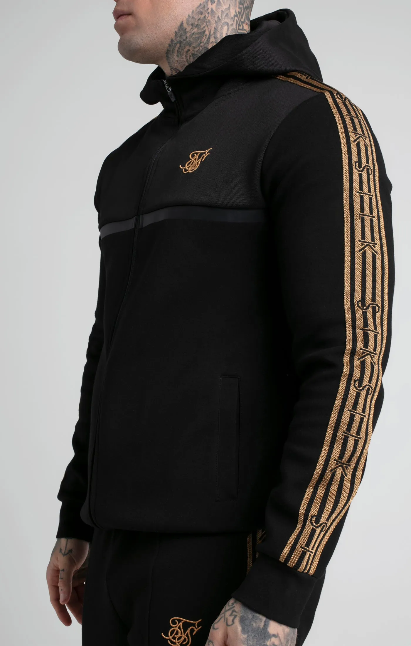 Black & Gold Knitted Tape Zip Thru Hoodie sold by Siksilk product image thumbnail 3