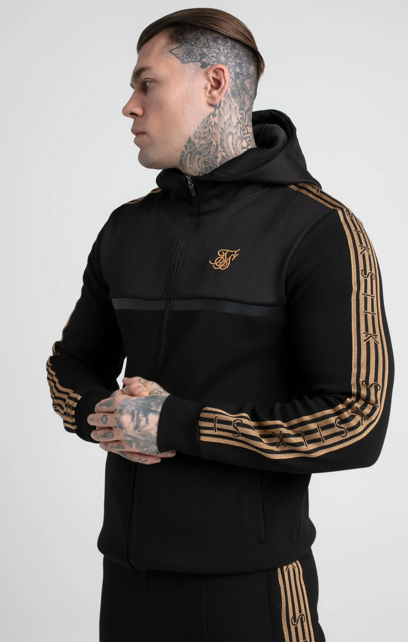 Black & Gold Knitted Tape Zip Thru Hoodie sold by Siksilk