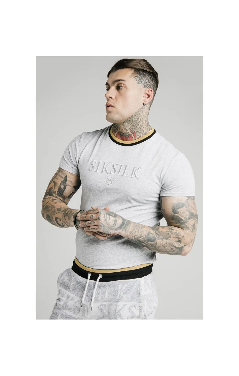 SikSilk Straight Hem Gym Tee - Grey,Black & Gold sold by Siksilk