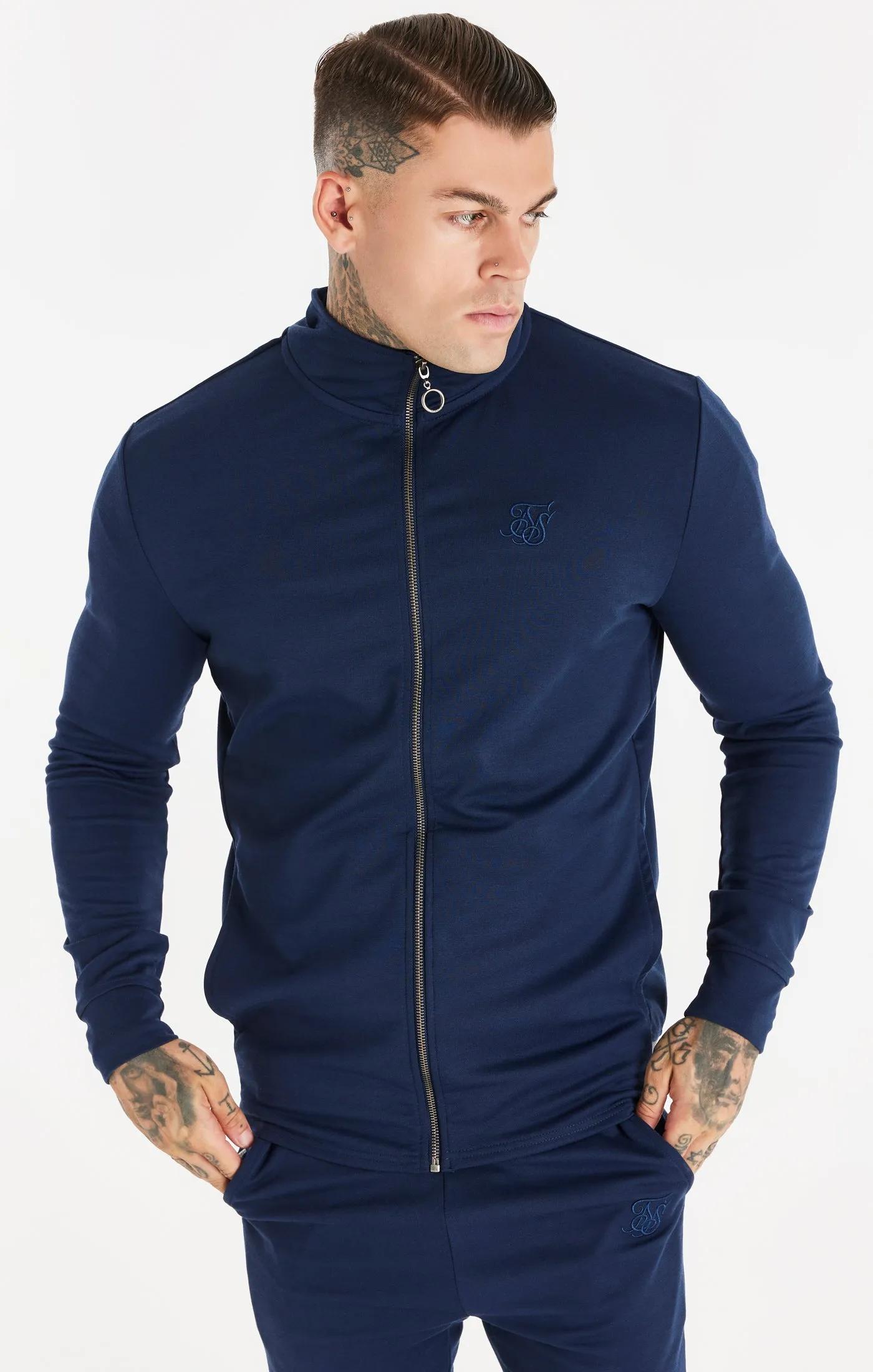 Navy Funnel Neck Zip Through Hoodie sold by Siksilk